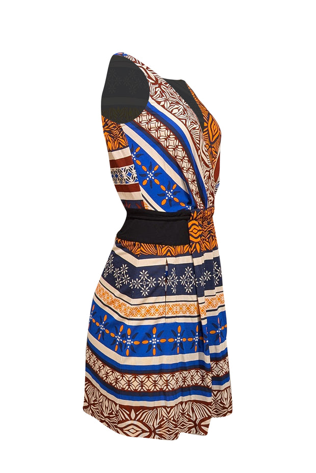 Diane von Furstenberg - Blue, Ivory, Orange, & Brown Print Sleeveless Dress Sz 2
