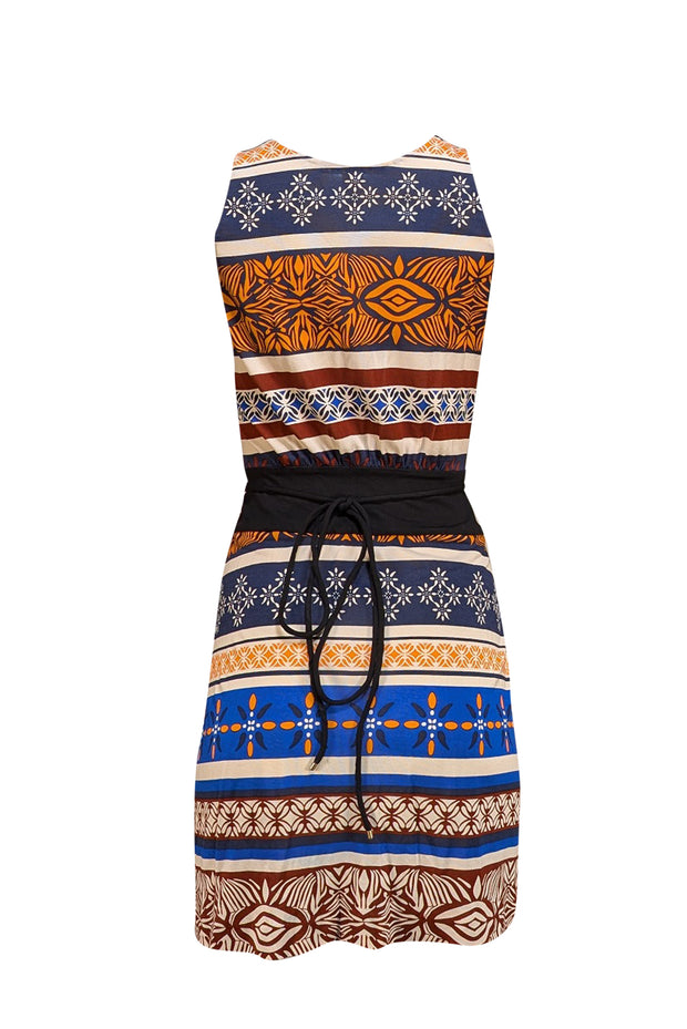 Diane von Furstenberg - Blue, Ivory, Orange, & Brown Print Sleeveless Dress Sz 2