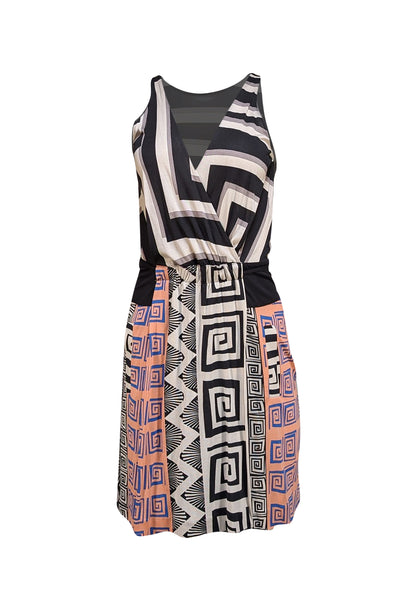Diane von Furstenberg - Ivory, Black, Pink, & Blue Print Sleeveless Dress Sz 2
