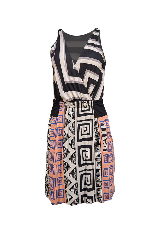 Diane von Furstenberg - Ivory, Black, Pink, & Blue Print Sleeveless Dress Sz 2