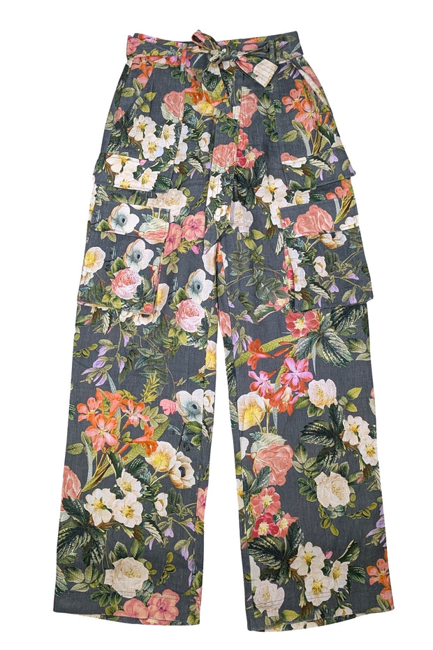 Cara Cara - Green, Cream, & Orange Floral Linen Pants Sz S