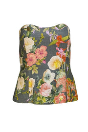 Cara Cara - Green, Cream, & Orange Floral Strapless Top Sz M