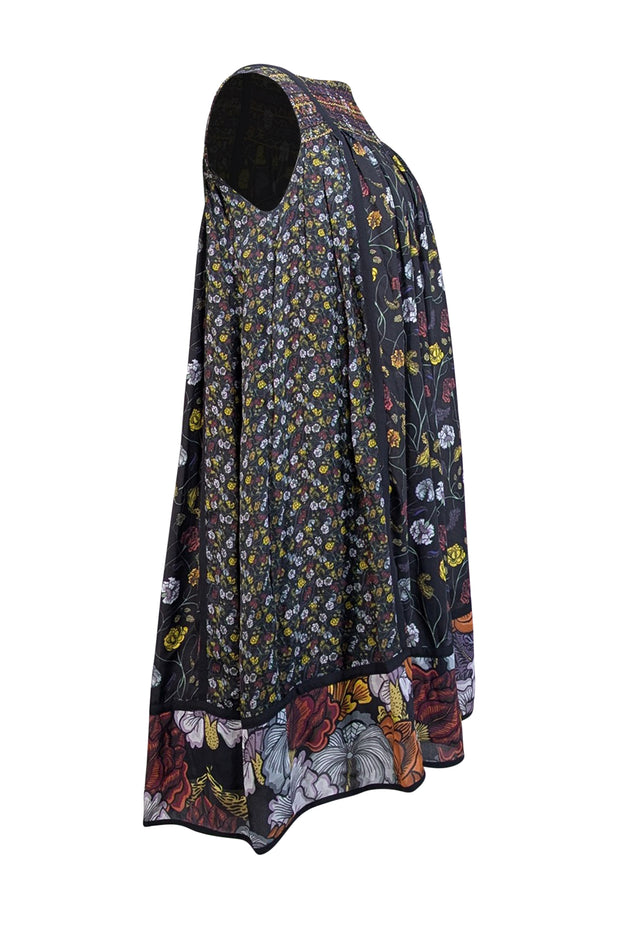 Proenza Schouler - Black w/ Yellow & White Floral Print Sleeveless Silk Dress Sz 2 - Current Boutique