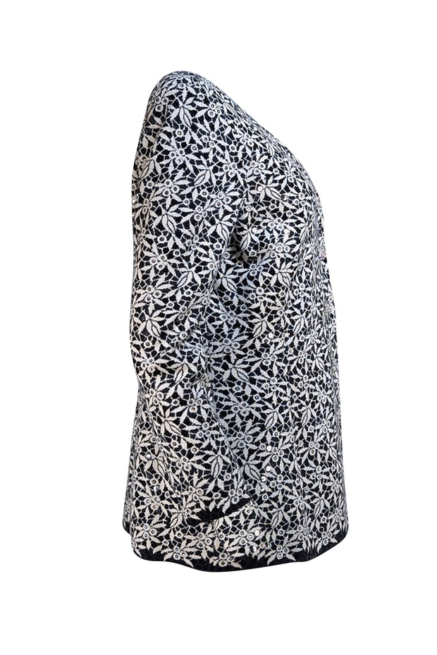 St John - Black & Ivory Floral Knit Embellished Cardigan Size M - Current Boutique