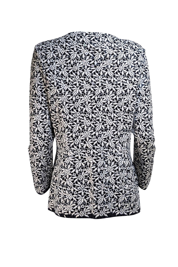 St John - Black & Ivory Floral Knit Embellished Cardigan Size M - Current Boutique