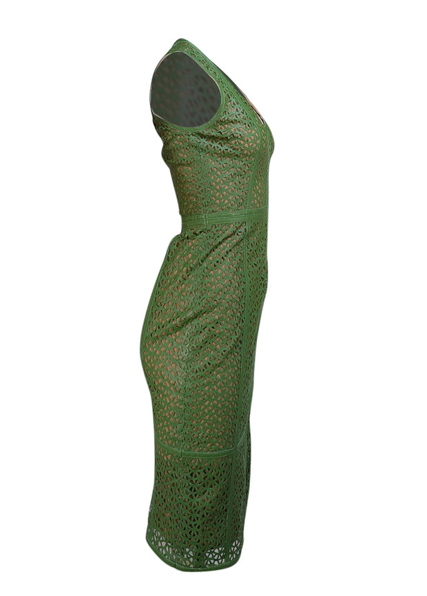 Akris - Green Lamb Leather Laser Cut Print Sleeveless Dress Sz 4