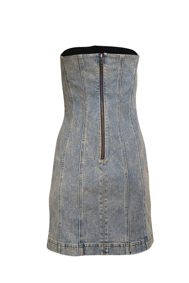 Alice & Olivia - Medium Wash Blue Denim Strapless Dress Sz 10 - Current Boutique
