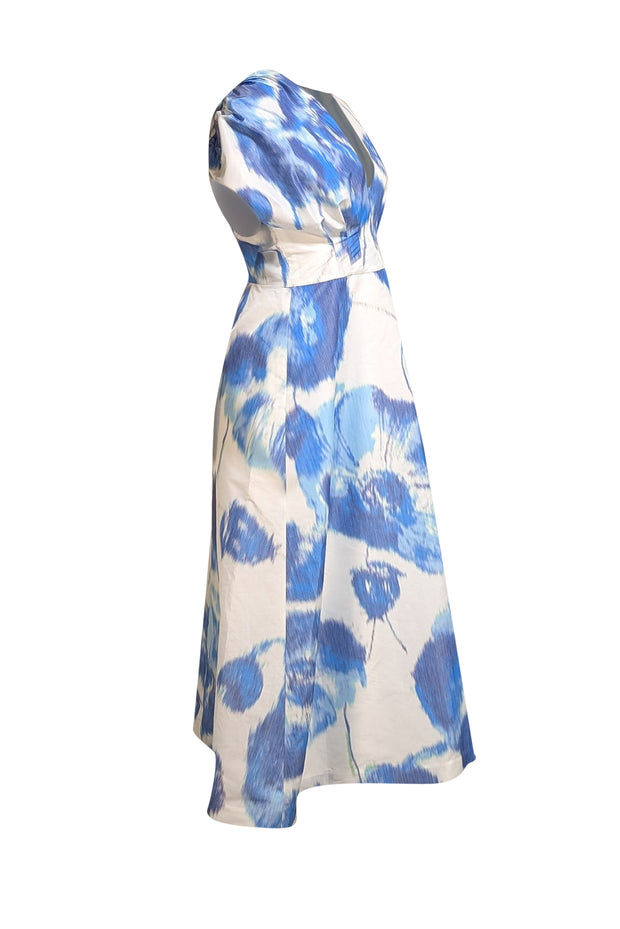 Lela Rose - Blue & White Print Puff Sleeve Maxi Dress Sz 6 - Current Boutique