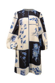 Lela Rose - Ivory, Navy, & Blue Floral Printed Long Sleeve Shift Dress Sz 6 - Current Boutique