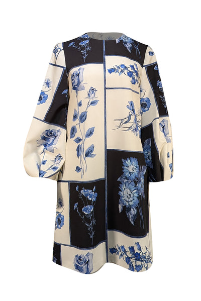 Lela Rose - Ivory, Navy, & Blue Floral Printed Long Sleeve Shift Dress Sz 6 - Current Boutique