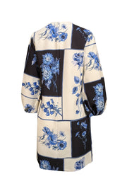 Lela Rose - Ivory, Navy, & Blue Floral Printed Long Sleeve Shift Dress Sz 6 - Current Boutique