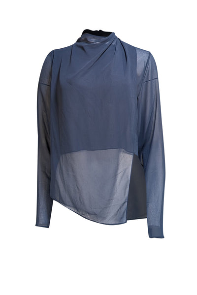 Lapointe - Navy Georgette Draped Long Sleeve Blouse Sz S - Current Boutique
