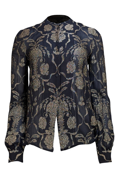 J. Mendel - Black w/Gold Embroidery Button-Down Shirt Sz 6 - Current Boutique