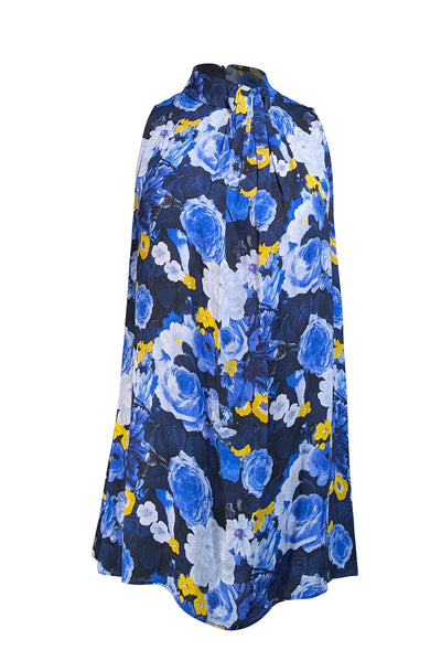 Lela Rose - Blue, Navy, & Yellow Floral Print Sleeveless Mock Neck Blouse Sz 6 - Current Boutique