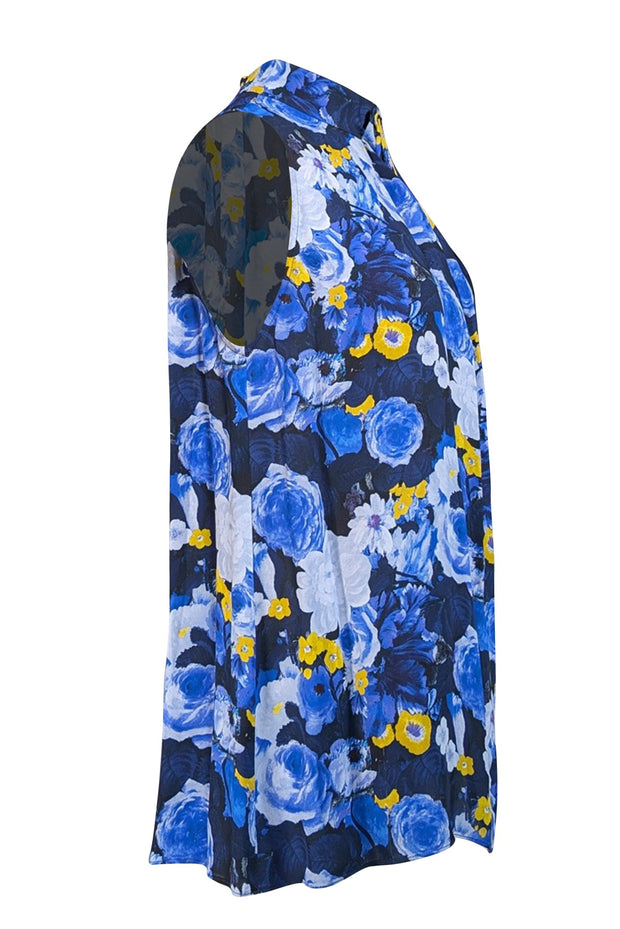 Lela Rose - Blue, Navy, & Yellow Floral Print Sleeveless Mock Neck Blouse Sz 6 - Current Boutique