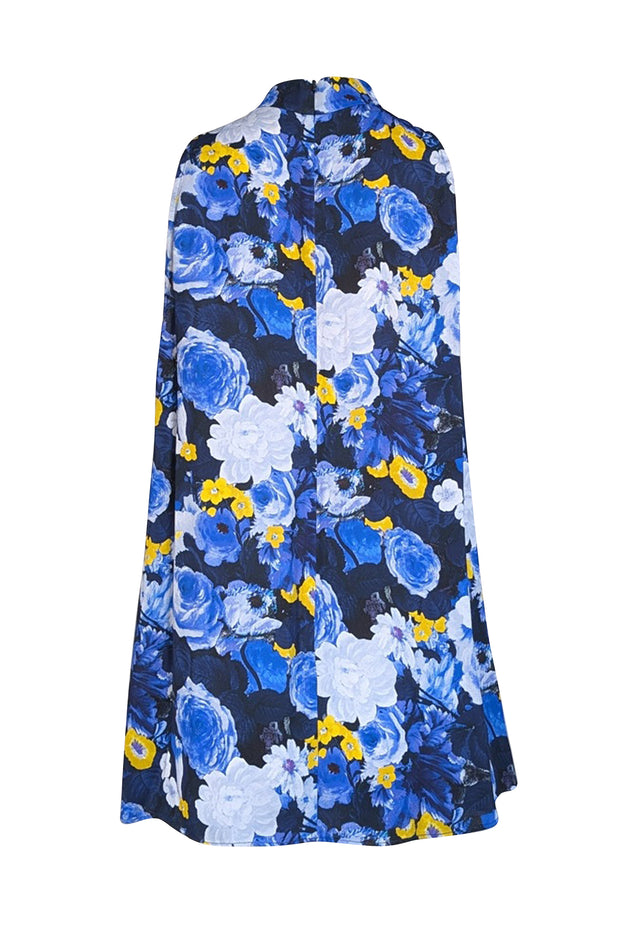 Lela Rose - Blue, Navy, & Yellow Floral Print Sleeveless Mock Neck Blouse Sz 6 - Current Boutique