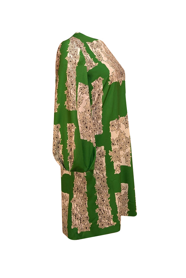 Lela Rose - Green w/ Beige & Black Floral Print Long Sleeve Shift Dress Sz 6 - Current Boutique