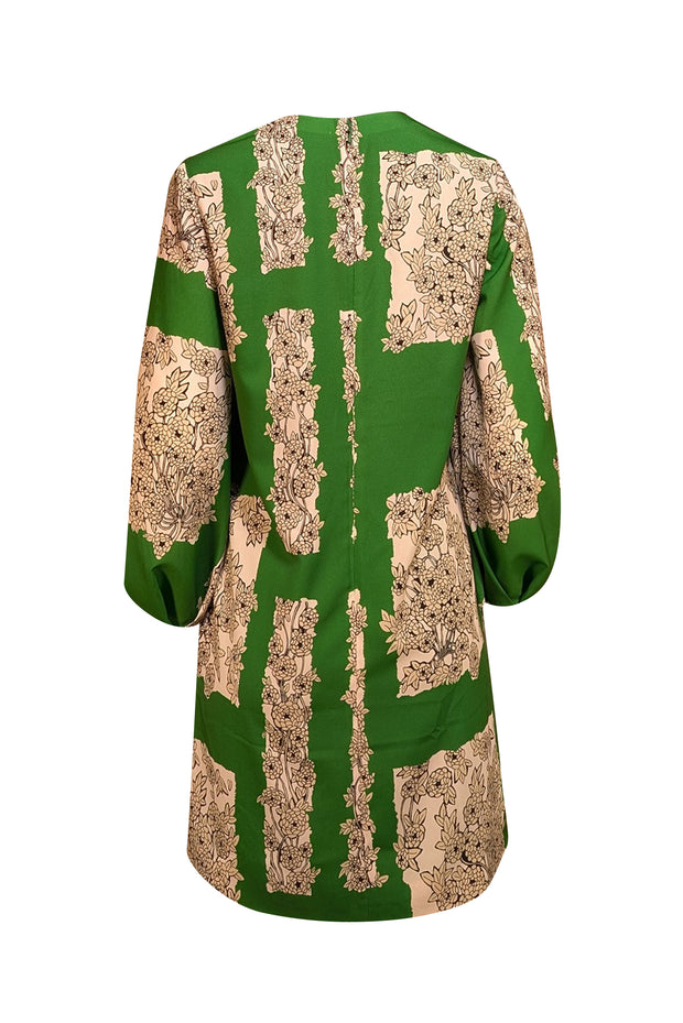 Lela Rose - Green w/ Beige & Black Floral Print Long Sleeve Shift Dress Sz 6 - Current Boutique
