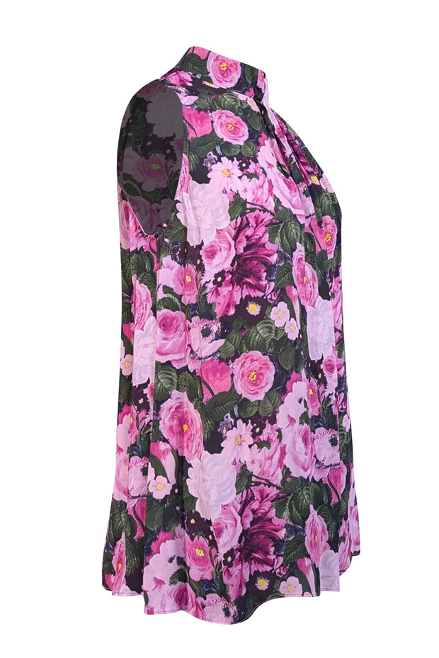 Lela Rose - Pink, Purple, & Black Floral Print Sleeveless Mock Neck Blouse Sz 6 - Current Boutique