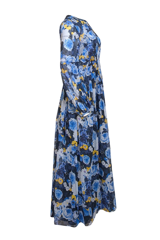 Lela Rose - Blue, Navy, & Yellow Floral Print Maxi Dress Sz 6 - Current Boutique