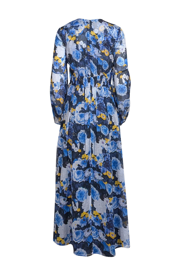 Lela Rose - Blue, Navy, & Yellow Floral Print Maxi Dress Sz 6 - Current Boutique