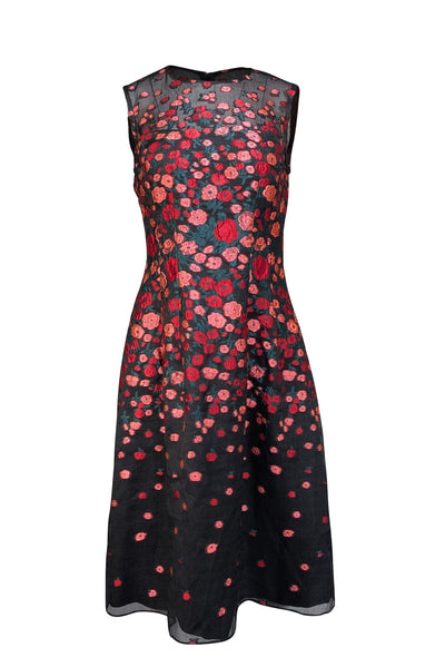 Lela Rose - Black w/ Pink & Red Floral Embroidered Midi Dress Sz 6 - Current Boutique