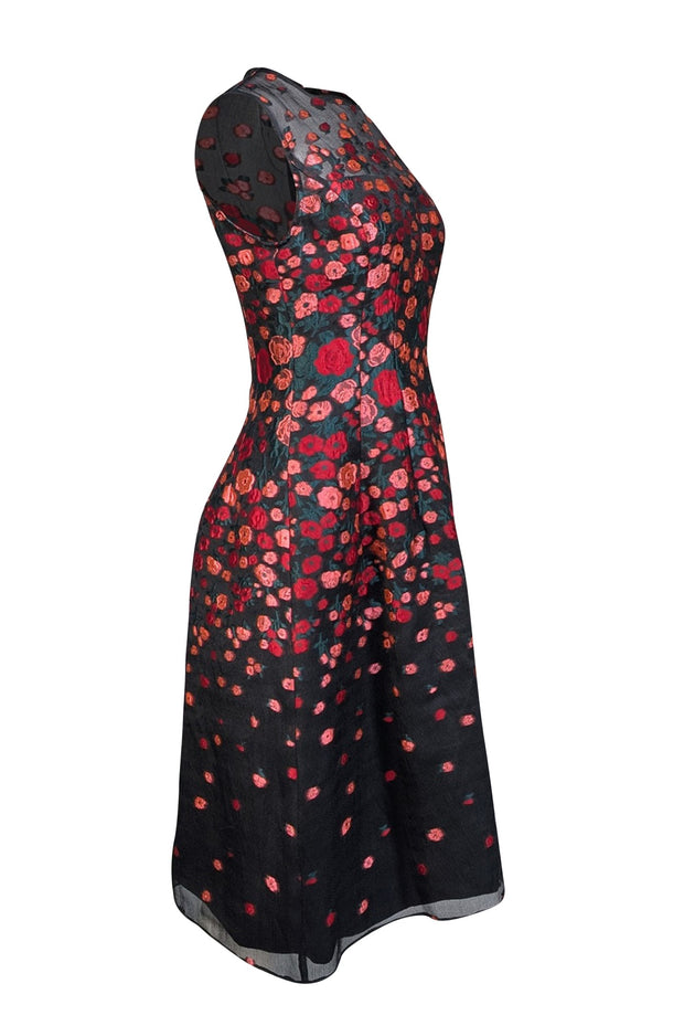 Lela Rose - Black w/ Pink & Red Floral Embroidered Midi Dress Sz 6 - Current Boutique