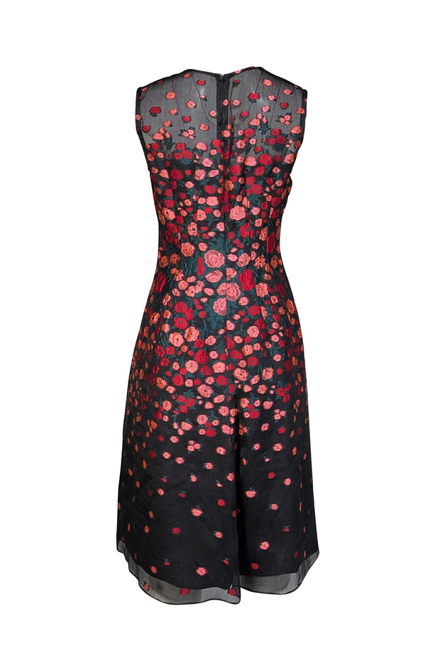 Lela Rose - Black w/ Pink & Red Floral Embroidered Midi Dress Sz 6 - Current Boutique