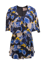 Lela Rose - Blue, Navy, & Yellow Floral Upper Flounce Cape Shoulder Top Sz 8 - Current Boutique