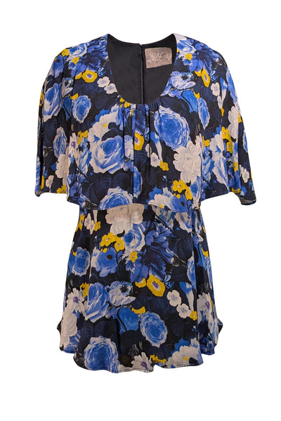 Lela Rose - Blue, Navy, & Yellow Floral Upper Flounce Cape Shoulder Top Sz 8 - Current Boutique