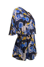 Lela Rose - Blue, Navy, & Yellow Floral Upper Flounce Cape Shoulder Top Sz 8 - Current Boutique