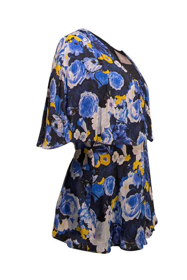 Lela Rose - Blue, Navy, & Yellow Floral Upper Flounce Cape Shoulder Top Sz 8 - Current Boutique
