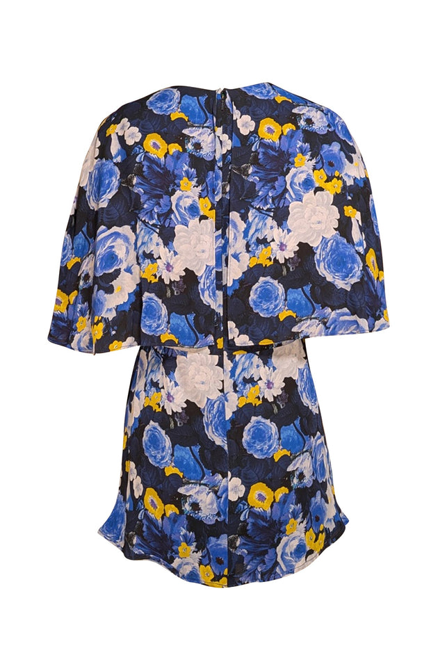 Lela Rose - Blue, Navy, & Yellow Floral Upper Flounce Cape Shoulder Top Sz 8 - Current Boutique