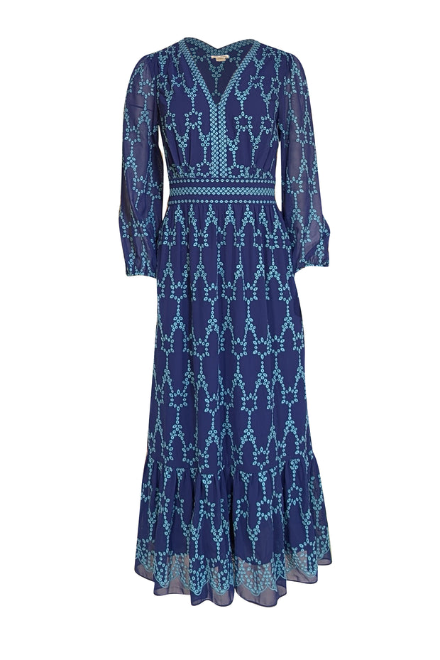 Shoshanna - Royal Blue w/ Aqua Blue Embroidered Print Sz 0 - Current Boutique