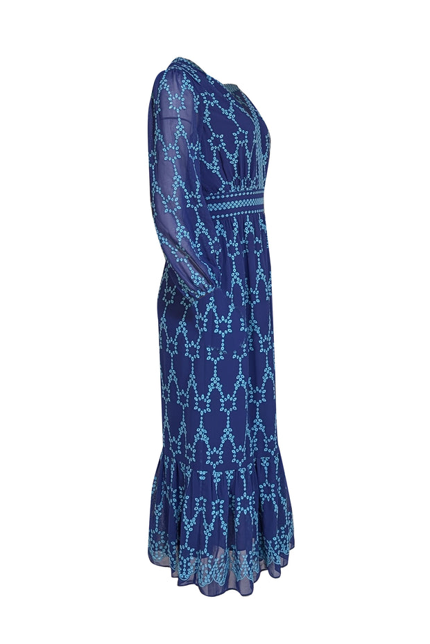 Shoshanna - Royal Blue w/ Aqua Blue Embroidered Print Sz 0 - Current Boutique