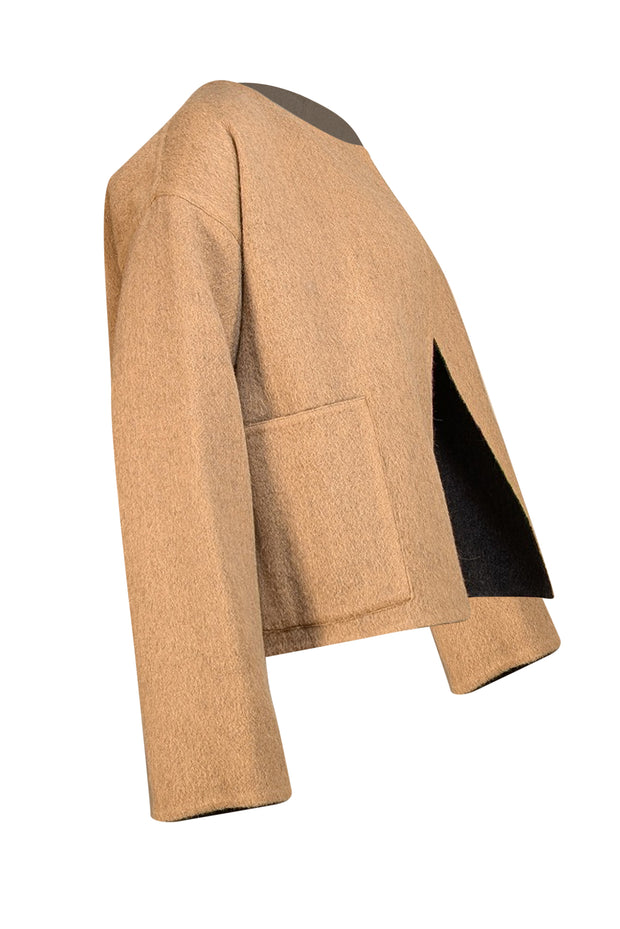 Eileen Fischer - Grey & Tan Reversible Alpaca Wool Blend Short Jacket Sz XS - Current Boutique