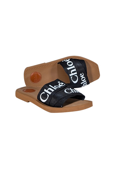 Chloe - Tan & Black Woody Flat Logo Ribbon Slide Sandals Sz 10 - Current Boutique