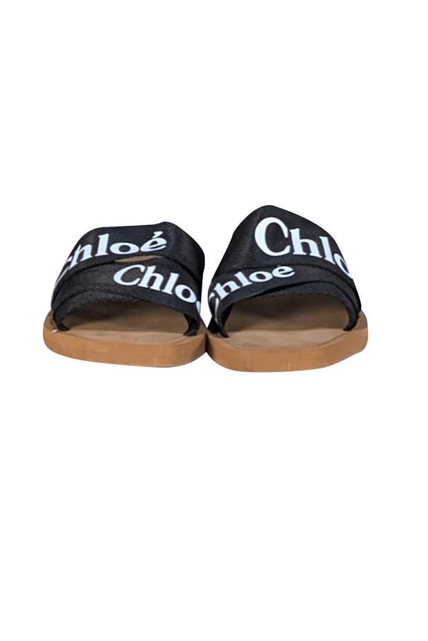 Chloe - Tan & Black Woody Flat Logo Ribbon Slide Sandals Sz 10 - Current Boutique