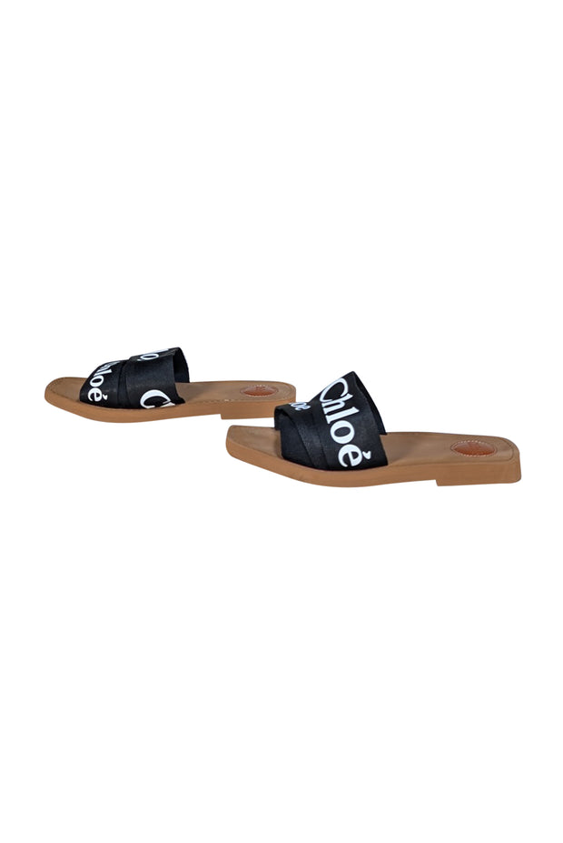 Chloe - Tan & Black Woody Flat Logo Ribbon Slide Sandals Sz 10 - Current Boutique