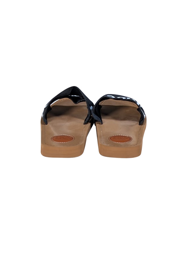Chloe - Tan & Black Woody Flat Logo Ribbon Slide Sandals Sz 10 - Current Boutique