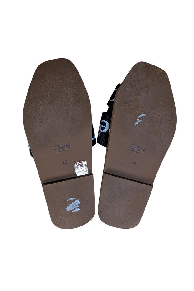 Chloe - Tan & Black Woody Flat Logo Ribbon Slide Sandals Sz 10 - Current Boutique