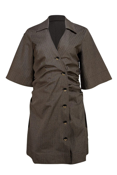 Ganni - Brown Herringbone Button Down Mini Dress Sz 6 - Current Boutique
