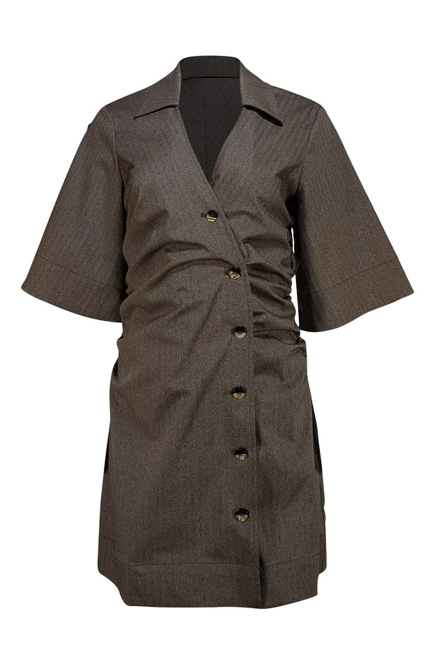 Ganni - Brown Herringbone Button Down Mini Dress Sz 6 - Current Boutique