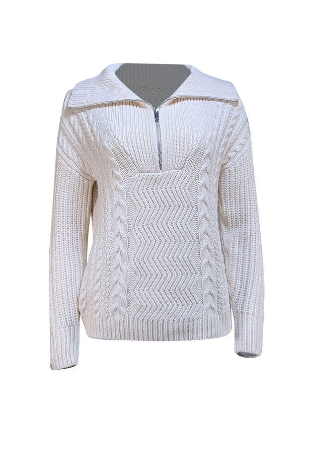 Reiss - Cream Wool Blend Cable Knit Half Zip Sweater Sz S - Current Boutique