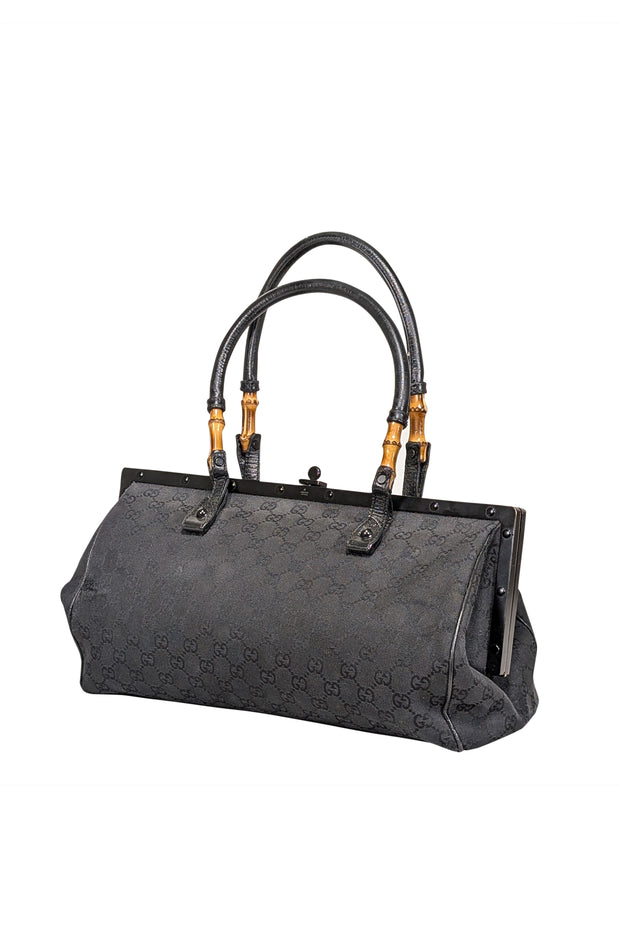 Gucci - Black Monogram Bamboo Trim Handle Shoulder Bag - Current Boutique