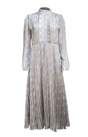 Ba&sh - Beige w/Navy & Orange Print Pleated Mid Maxi Dress Sz 10 - Current Boutique
