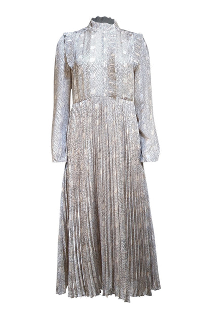 Ba&sh - Beige w/Navy & Orange Print Pleated Mid Maxi Dress Sz 10 - Current Boutique