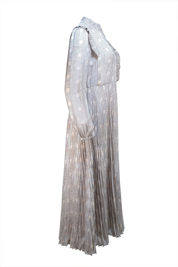 Ba&sh - Beige w/Navy & Orange Print Pleated Mid Maxi Dress Sz 10 - Current Boutique