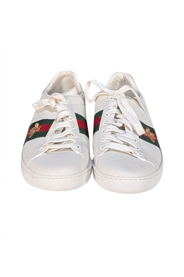 Gucci - White Leather Sneakers w/ Signature Bee and Stripe Detail Sz 9 - Current Boutique