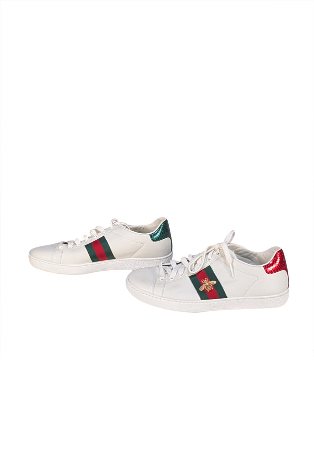 Gucci - White Leather Sneakers w/ Signature Bee and Stripe Detail Sz 9 - Current Boutique